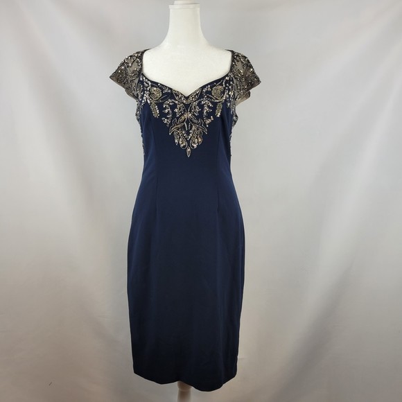 Adrianna Papell Dresses & Skirts - Adrianna Papell Midi Dress Beaded Bodycon Navy Blue Size US 4 Evening Sequins